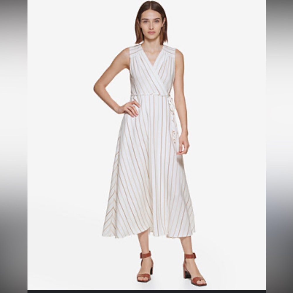 🚨 FINAL SALE 🚨 Calvin Klein V-Neck Gauze Midi Wrap Dress, Sz12, white/gold